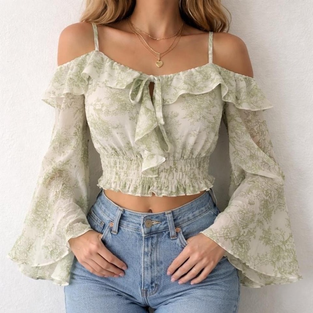 Madden Girl Ruffle Crop Blouse Green Toile Bell Sleeve Coquette‎ Y2K M